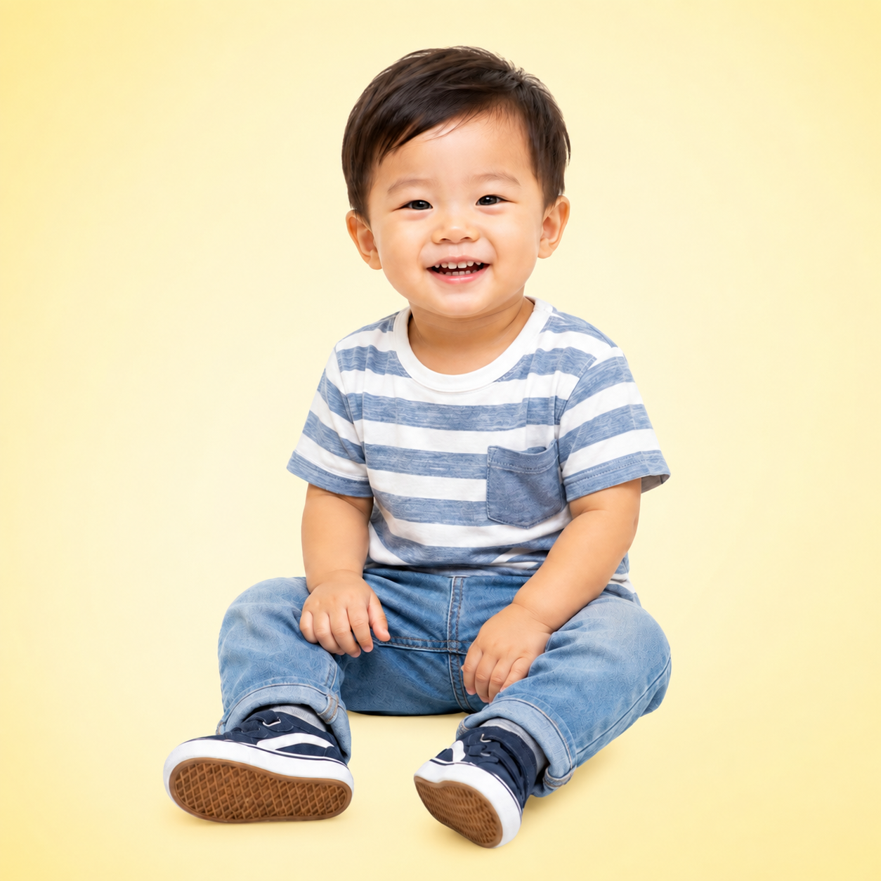 A smiling young child wearing a blue striped shirt and jeans against a warm yellow background
