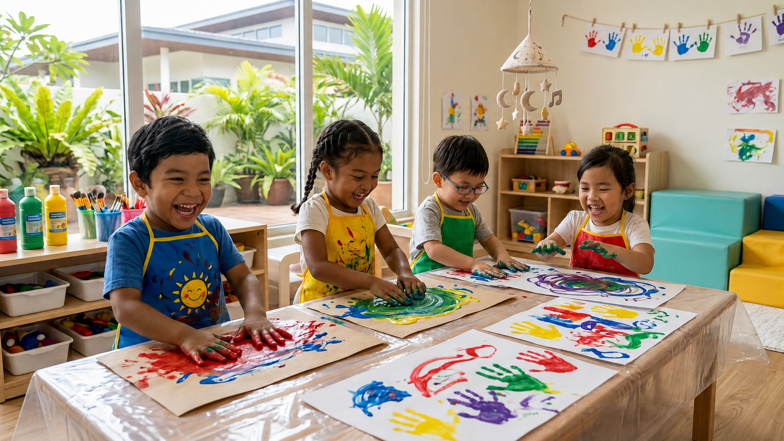 Children happily creating colorful finger paintings