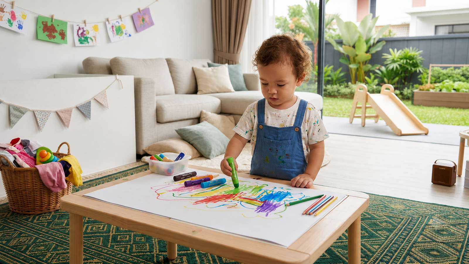 Toddler enjoying a colorful creative drawing activity